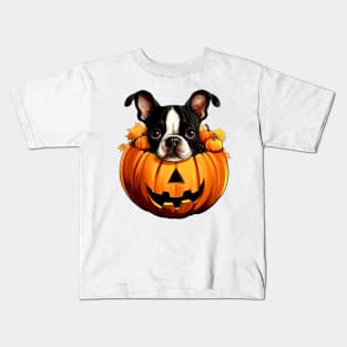 Boston Terrier Dog inside Pumpkin #1 Kids T-Shirt